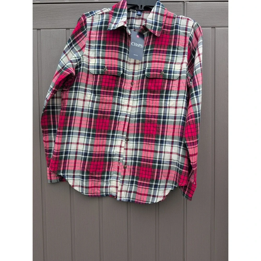 Chaps red plaid‎ long sleeve Petite Medium NEW
